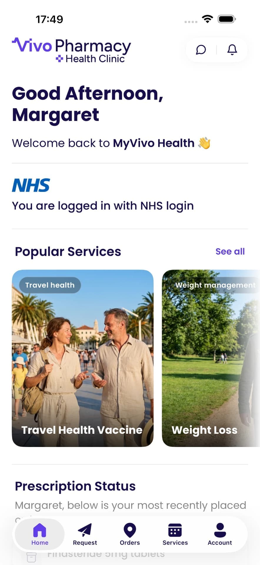 My Vivo Health app home screen showing popular services and prescription status